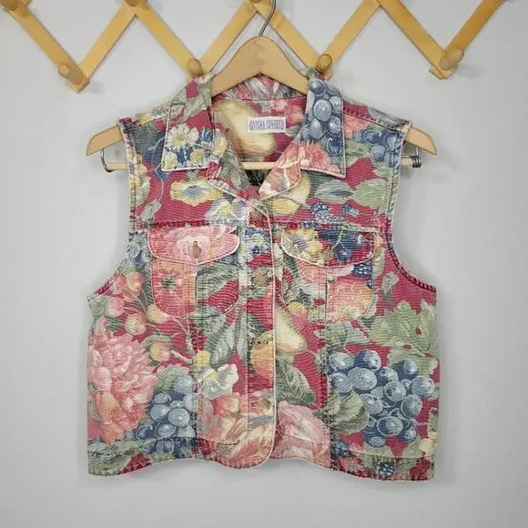 Vintage 90s Gotcha Covered Denim Floral Vest Size Medium - Picture 4 of 9